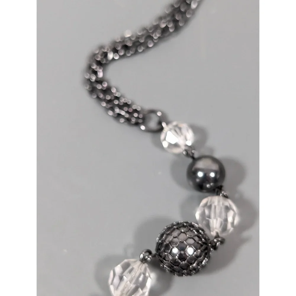 Gunmetal Black & Clear Beaded Necklace Faceted Acrylic Long‎ Layering 30 in